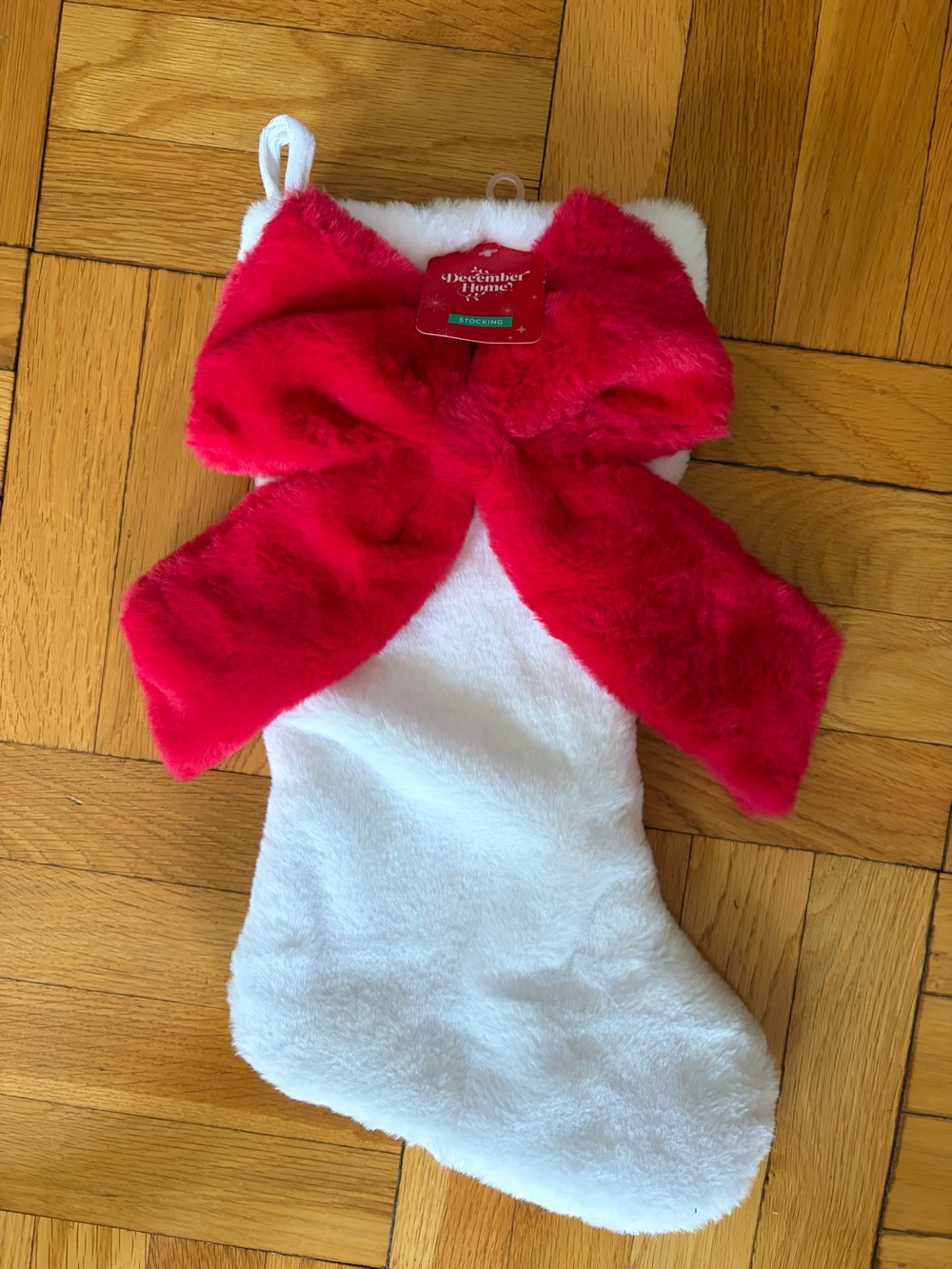 NWT Plush Faux Fur Christmas Stocking White with Red Bow. Soft!